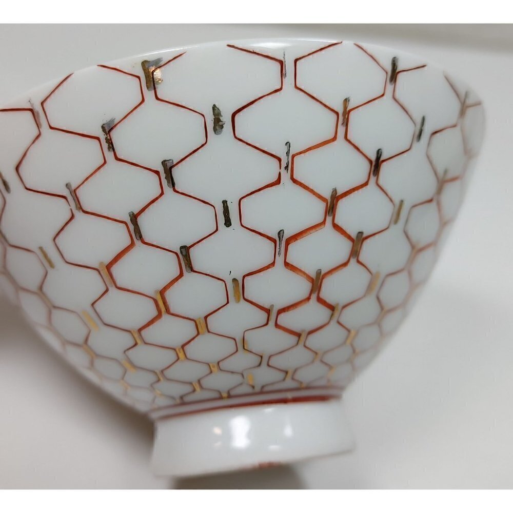 Japanese Porcelain Red White Geometric Pattern Footed Rice Bowl Set Of 3 - Picture 8 of 13